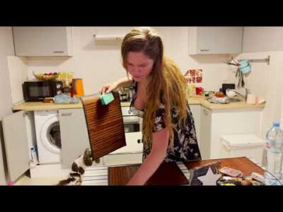 Aniela cooking breakfast and cleans the kitchen