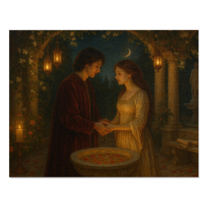 Moonlit Vow: Lovers' Rosewater Ritual Puzzle in Renaissance Courtyard (252 Pieces)